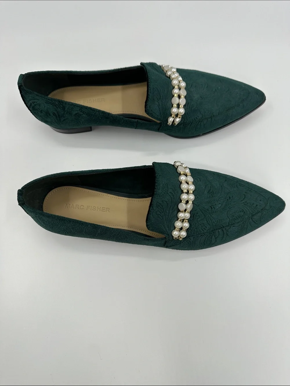 Marc Fisher Kneel Loafers Emerald Green Pearl-Trim Pointed Toe Flats Maximalist